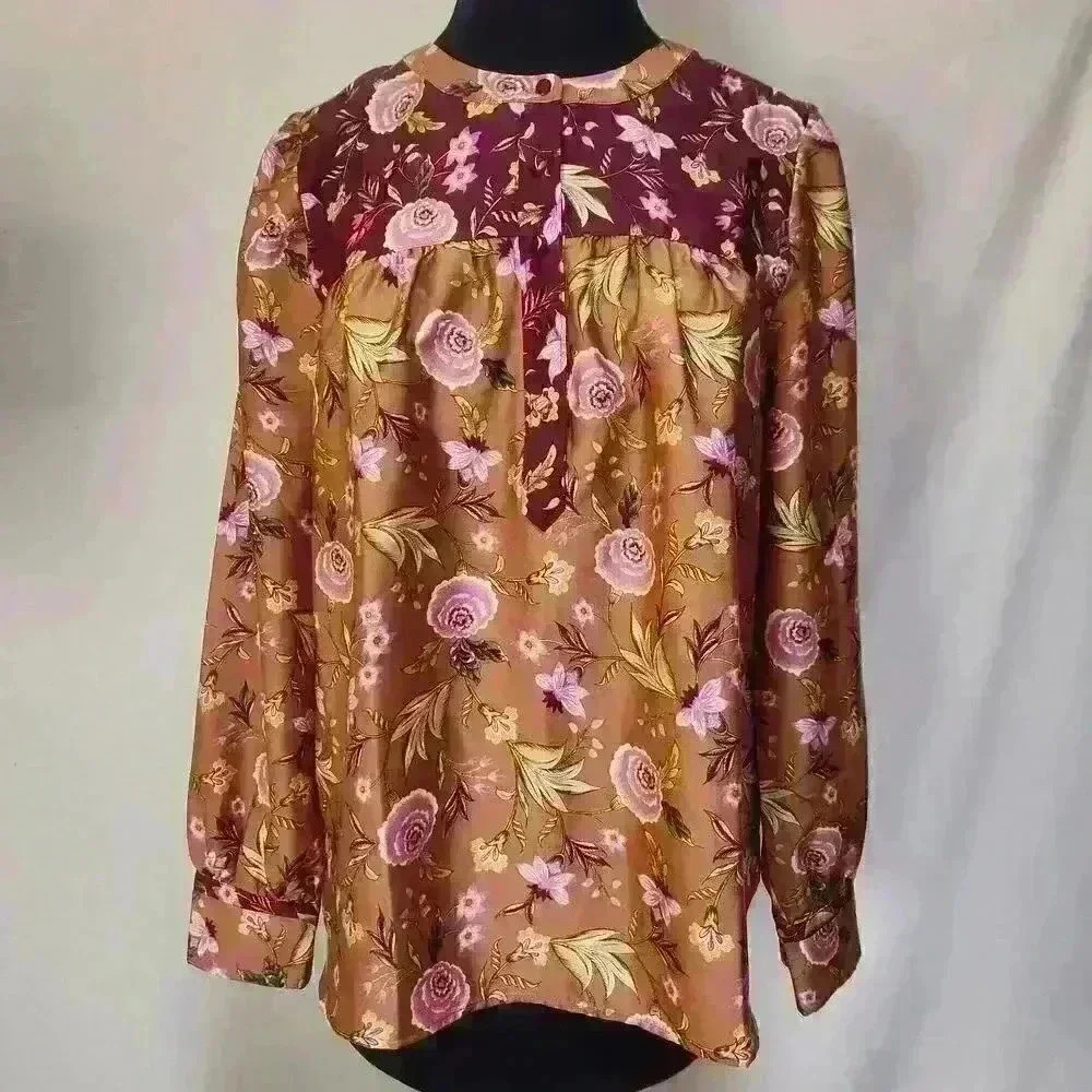 Loft Small Blouse Silky Bronze & Burgundy Floral Contrasting Print Long Sleeves